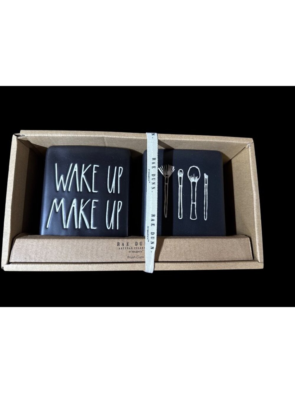 Rae Dunn Wake Up Makeup Ceramic Brush Cup Set Black White New In Box